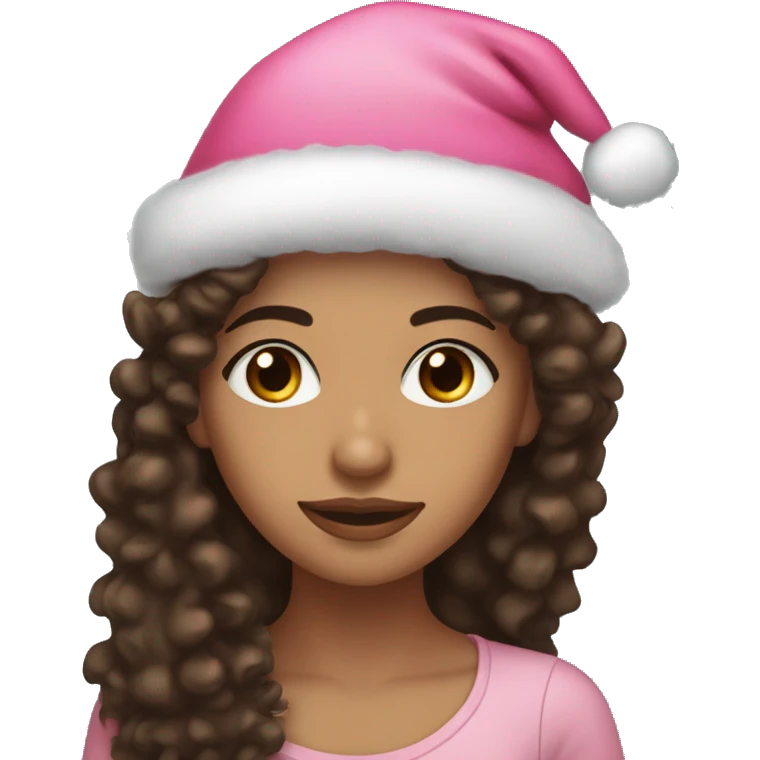 light brown skinned pretty woman with long black curly hair and almond brown eyes with pink christmas hat emoji