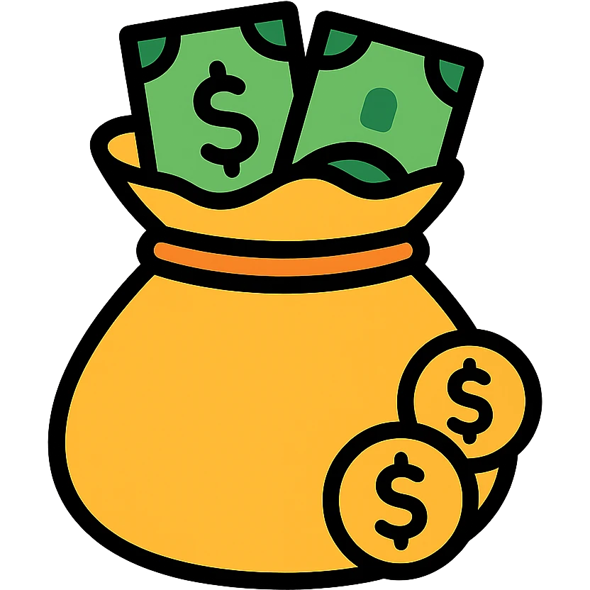 colored icon of a money bag with coins and banknotes peeking out emoji