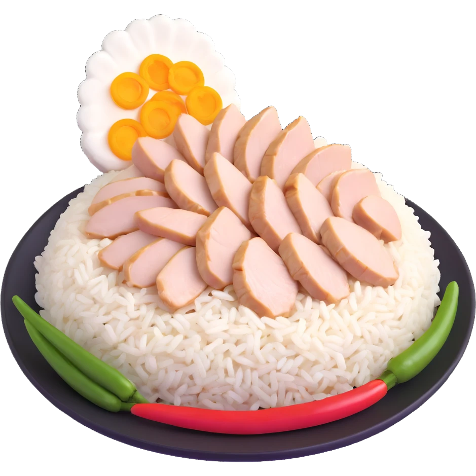 Singapore chicken rice with sliced poached chicken, fragrant rice, and chili sauce emoji