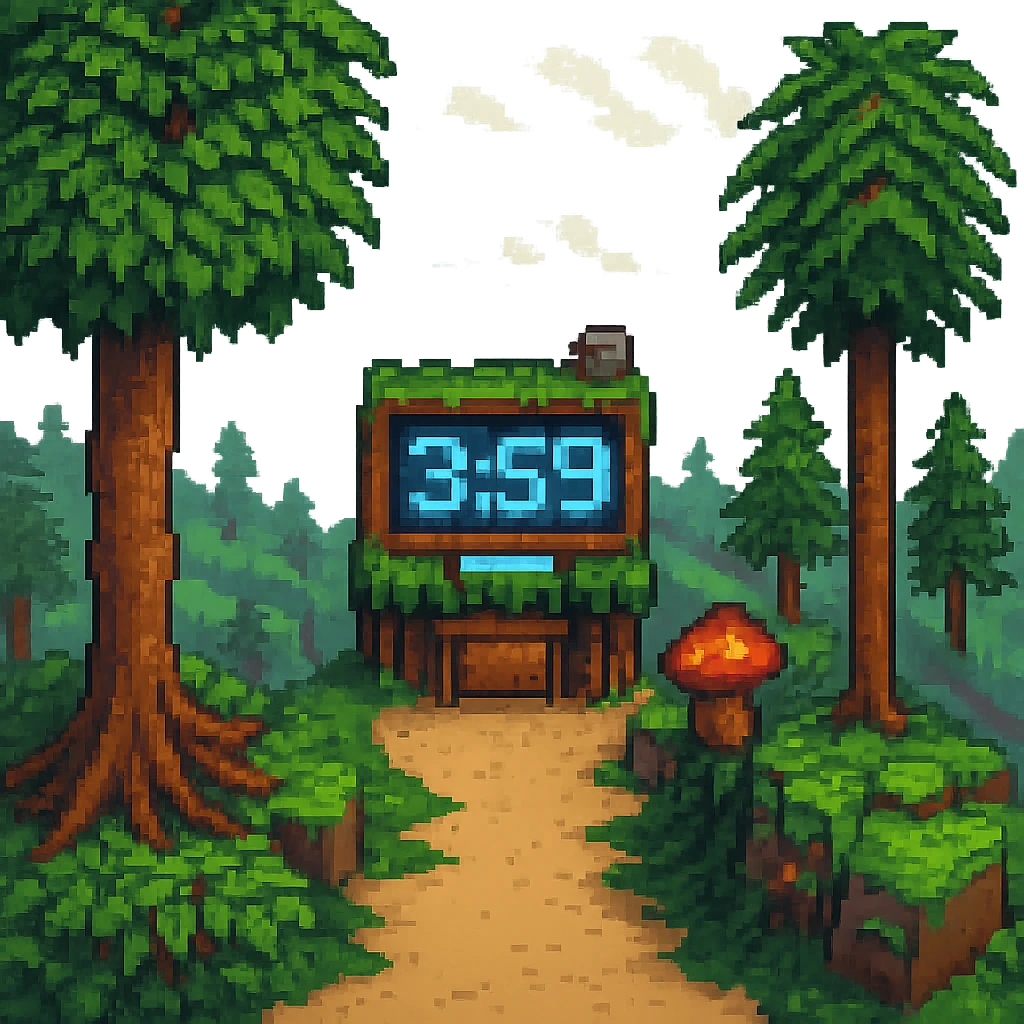 Add animated elements like a bouncing countdown clock, swaying trees, or drifting clouds, in pixel art Minecraft Twitch starting soon style. Preserve transparent background in pixel art style. emoji