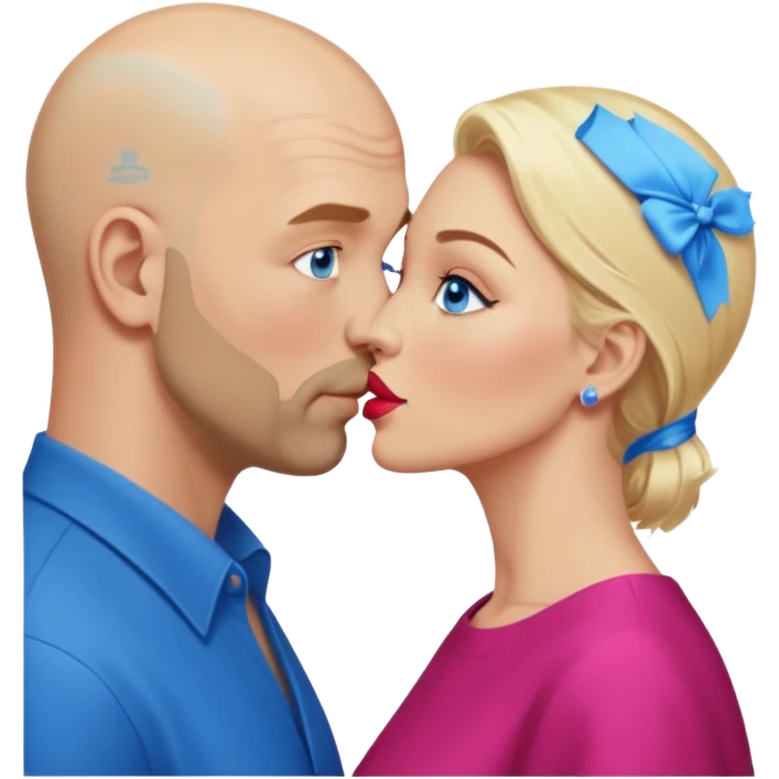 middle age bald man with scruff, blue eyes a.  Kissing blonde woman with blue eyes emoji