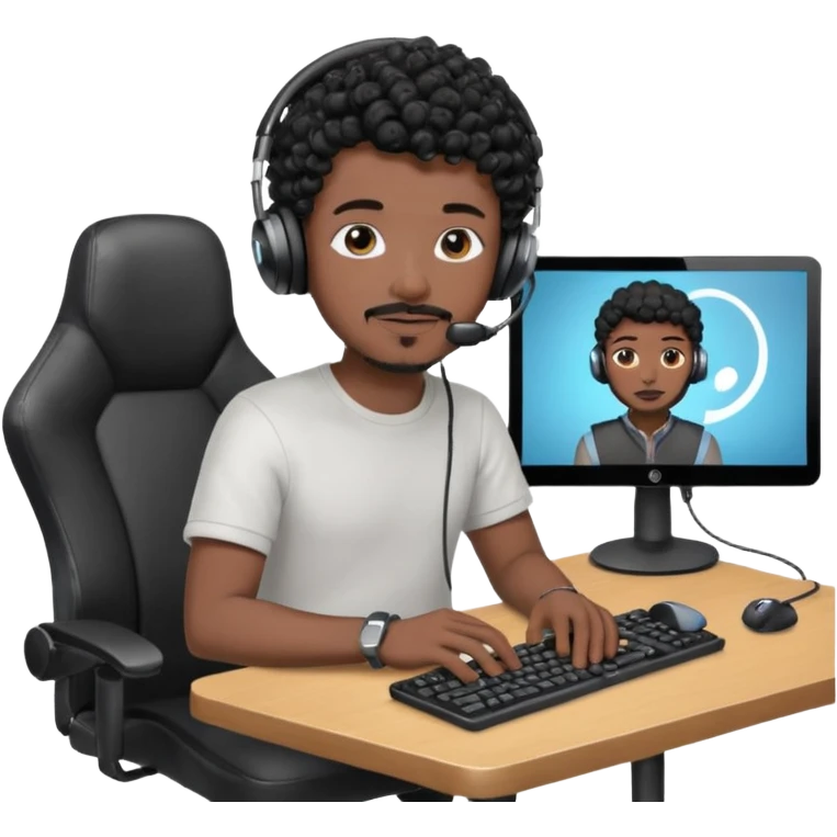 a setup of a youtuber his blach curly short hair, a thin goatee, with a desktop pc on a table, a gaming chair, microphone, ring light emoji
