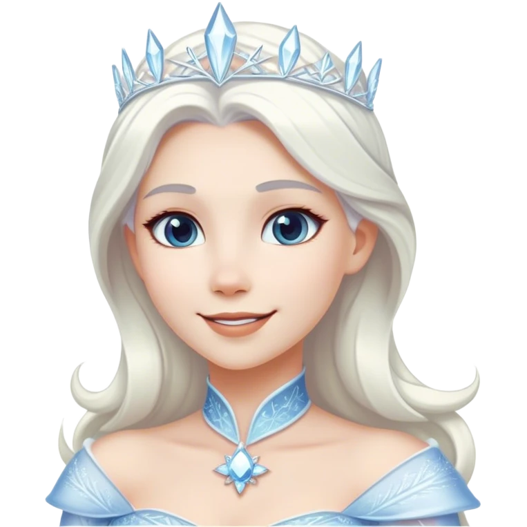 Cinematic Radiant Snow Queen Portrait Emoji, rendered in a realistic, vector style with clean proportions. Show Elsa with a gentle, confident smile, icy pale skin, and luxuriously styled platinum hair, her expression calm and regal. The image glows with a soft, enchanting icy luminescence, high shine, and is accented by a soft glowing outline that enhances her ethereal beauty. emoji