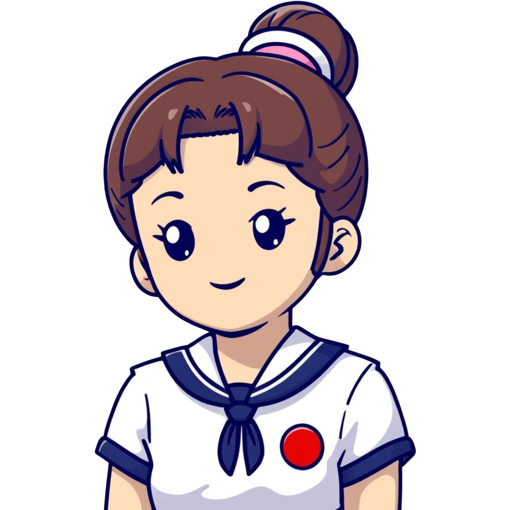 Ultra cute Japanese schoolgirl with high odango bun hairstyle wearing Japanese school uniform with sailor collar emoji