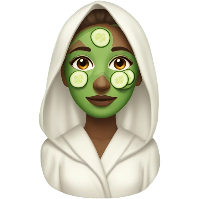 White girl with Brown hair and blue eyes wears a Green colored skincare clay textured mask and puts on cucumbers around her eyes while She relaxes in her white Robe emoji