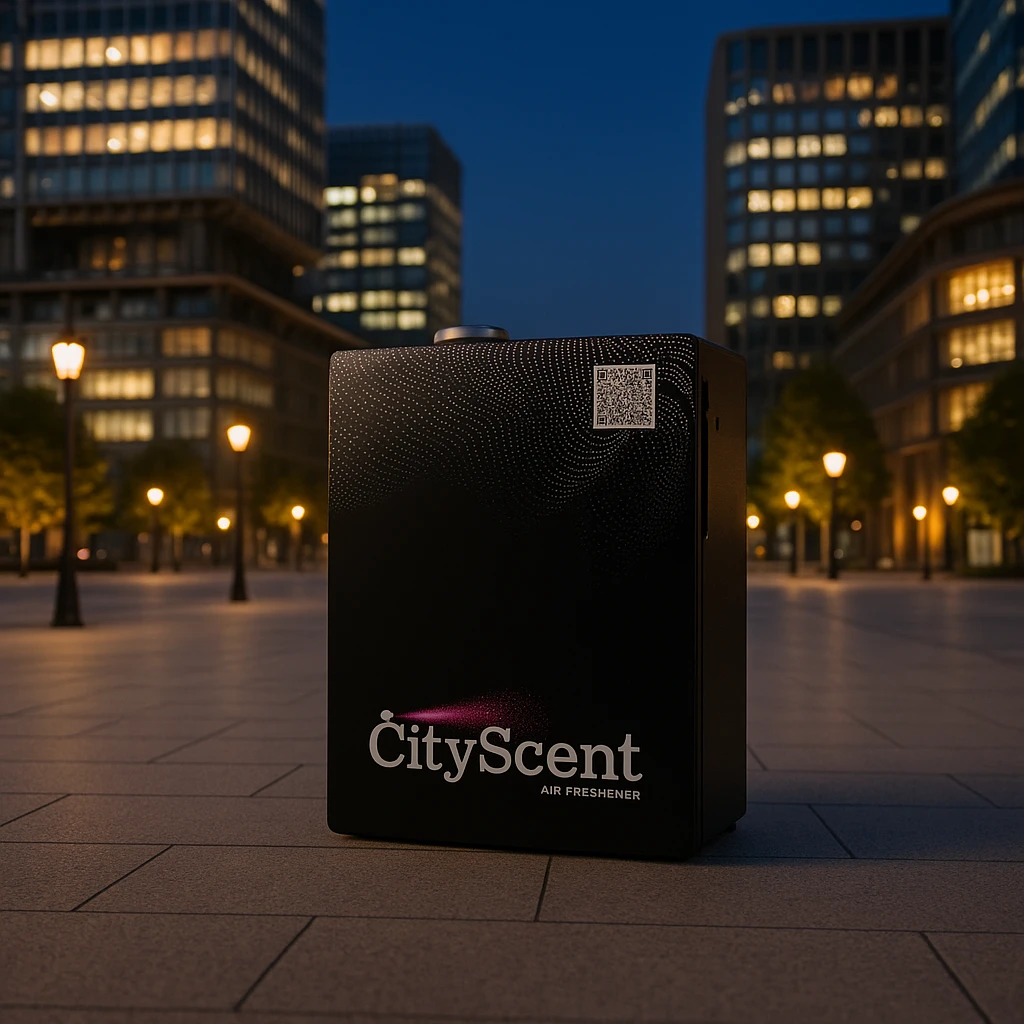 Place this exact CityScent air freshener machine in a city plaza at dusk, surrounded by softly glowing streetlights and modern buildings, no people, focus on the machine. The style should be realistic and detailed to emphasize the machine in a serene urban plaza setting. emoji
