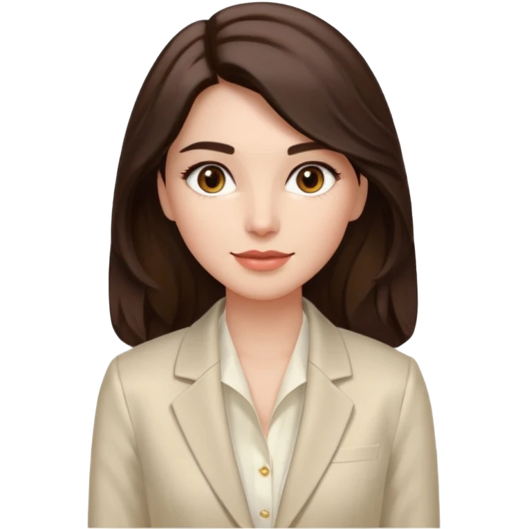 Tom de pele: clara com fundo rosado
Cabelos: longos, castanho escuro, levemente ondulados
Sobrancelhas: bem definidas e cheias
Olhos: castanhos claros (podem ser destacados com brilho)
Traços marcantes: lábios cheios e sorriso suave
Roupa: blazer branco acinturado, top de seda bege por baixo emoji
