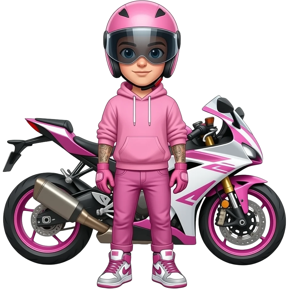 young man with pink jeans and a pink hoodie wearing white pink sneakers and pink gloves, tattoos on both forearms also he wears a pink motorcycle helmet with dark full vision and stands in front of a pink white motorcycle emoji
