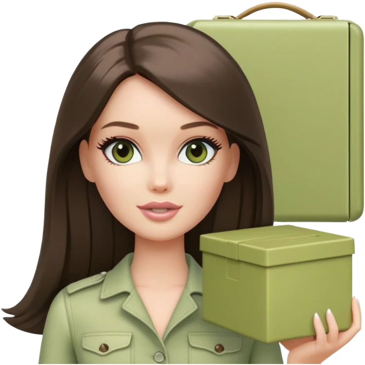 A white Barbie girl with long dark brown straight hair in pale olive clothes holds pale green box emoji