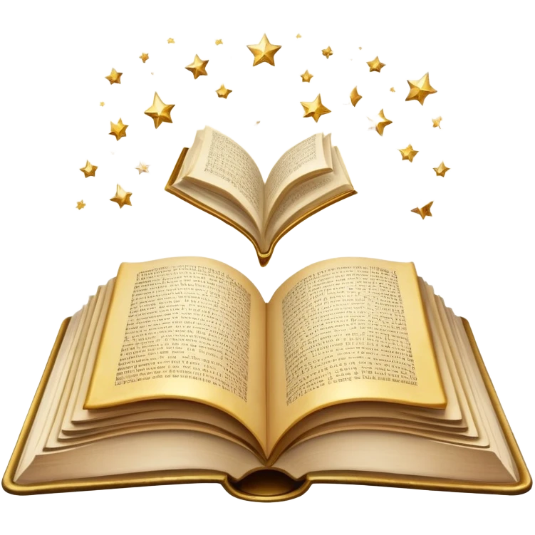 Open book with floating words and sparkles above it emoji