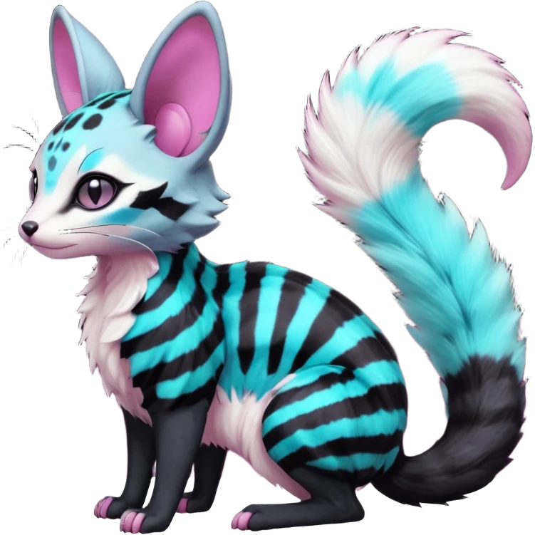 Fantasy Abyssal onyx-obsidian-pitch-Black-coated fur with glowing random cyan and magenta markings divine beautiful elegant pretty precious cute young youthful  Fakémon-Pokémon-alien-opossum-feline-serval-caracal-chinchilla-Minccino-hybrid-creature with a big fluffy bushy striped tail (full body) emoji