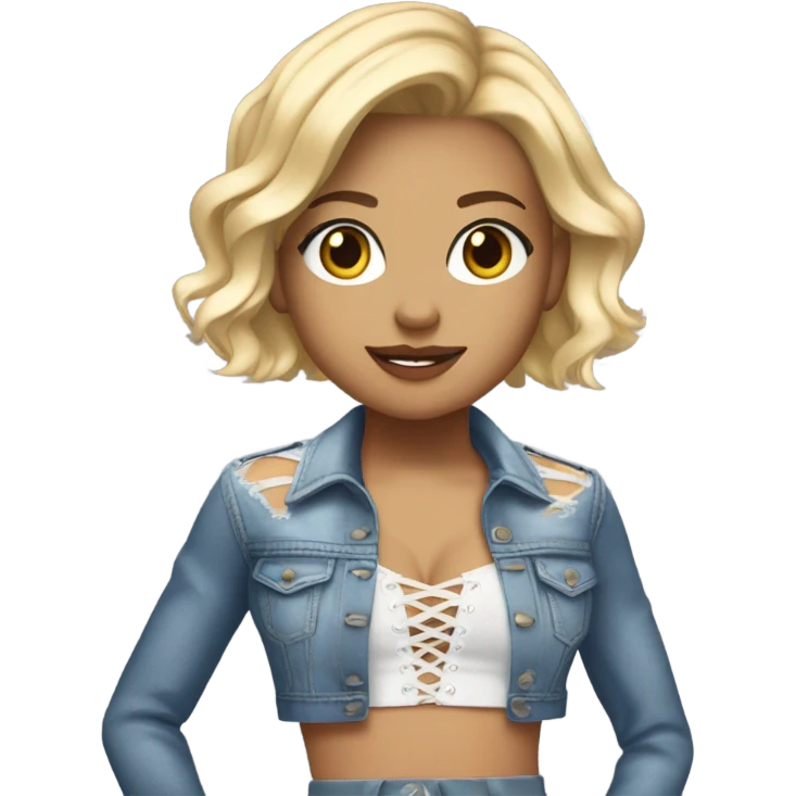 A blonde girl with short hair wearing a Shakira lace up croc top and short jeans and high heels  emoji