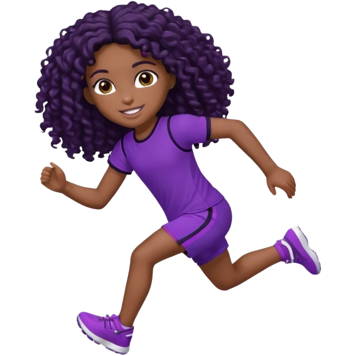 Uma boneca morena escura com olhos castanhos e cabelo cacheado longo preto até o peito, treinando correndo a roupa top roxo com detalhes preto e short roxo com detalhes preto emoji