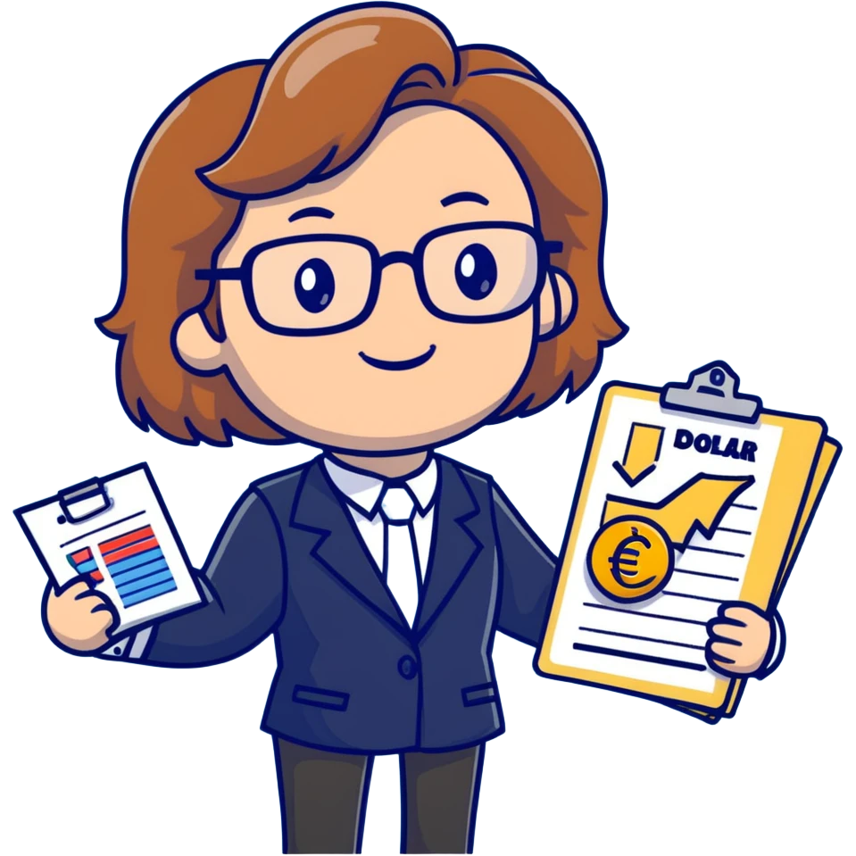Professional economics channel mascot with shoulder-length wavy light brown hair, rectangular glasses, navy blazer, light blue shirt, holding clipboard with chart, pointing at dollar and euro symbols emoji