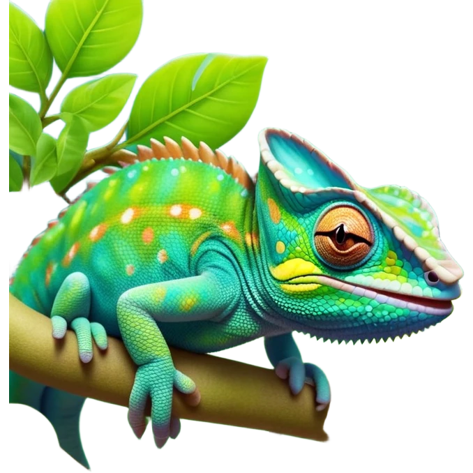 cinematic cute-smiling chameleon-realistic emoji,-blending-with-vibrant-greenery.-detailed-scales-in-shifting-colors,-showing-the-chameleon’s-ability-to-camouflage.-soft-natural-light-highlights-its-texture.-nature-background, zoomed into its face emoji