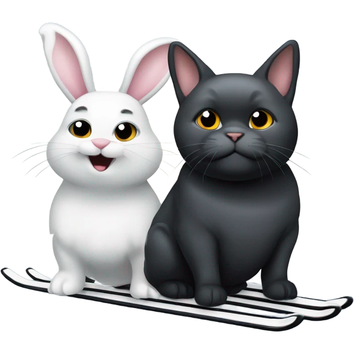 really fat white bunny rabbit and a gray cat and a black scottie dog all on skis emoji