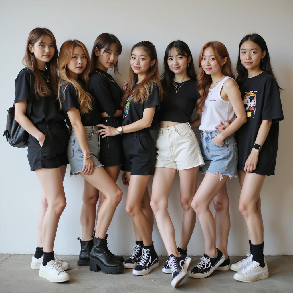 Blackpink K-pop group, group pose, photorealistic, casual streetwear, relaxed and friendly emoji