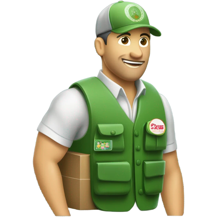 un vendedor con un palo de ciego, un chaleco verde, y tiras de cupones en el chaleco, bebiendose una cerveza emoji