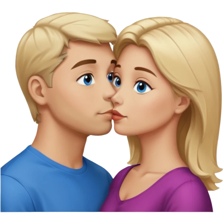 Man with blonde hair and blue eyes kissing his wife with brown hair and brown eyes  emoji