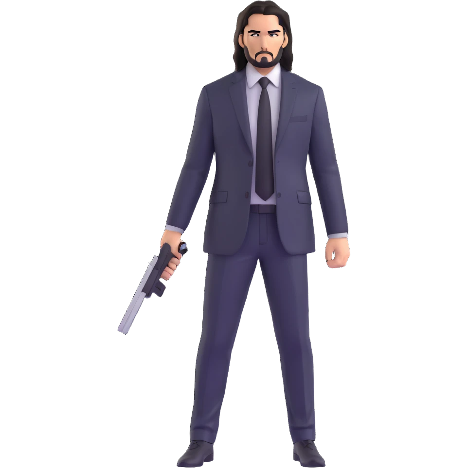 John Wick in black suit and tie, long dark hair, intense stare, action pose emoji