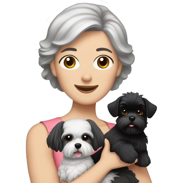 Caucasian women with short grey hair holding two dogs one black shih tzu and one white bichon frise emoji