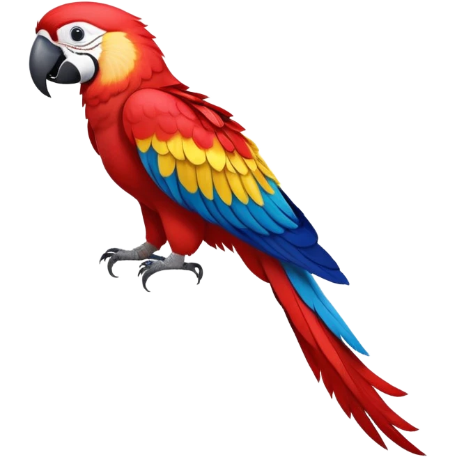 cinematic-macaw-realistic-full-body-standing-emoji,-vibrant-feathers-glowing-with-rich-reds,-blues,-and-yellows,-head-tilted-dramatically,-curved white-beak-gleaming,-piercing-dark-eyes-exuding-confidence,-simplified-yet-realistic-focused emoji