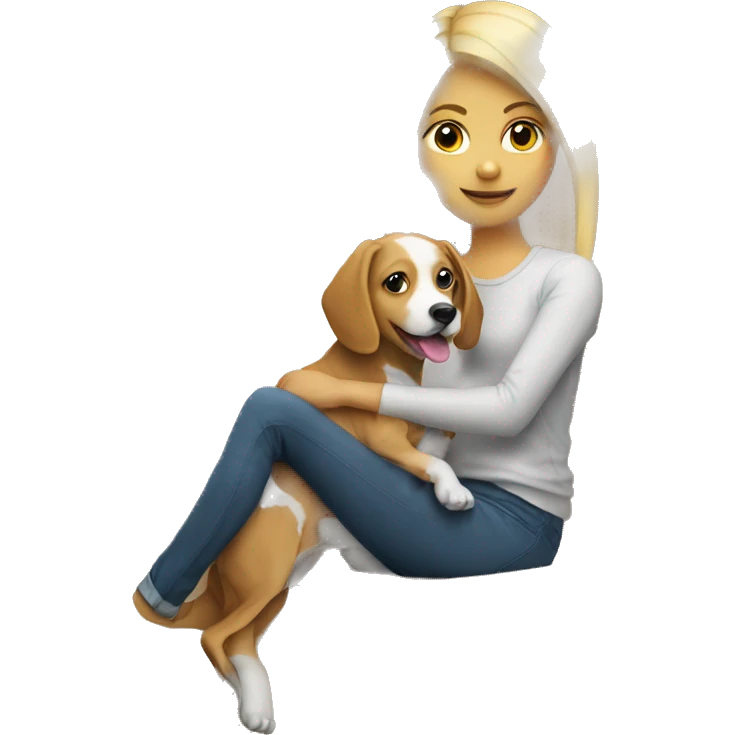 blonde girl with Brittany dog on couch emoji