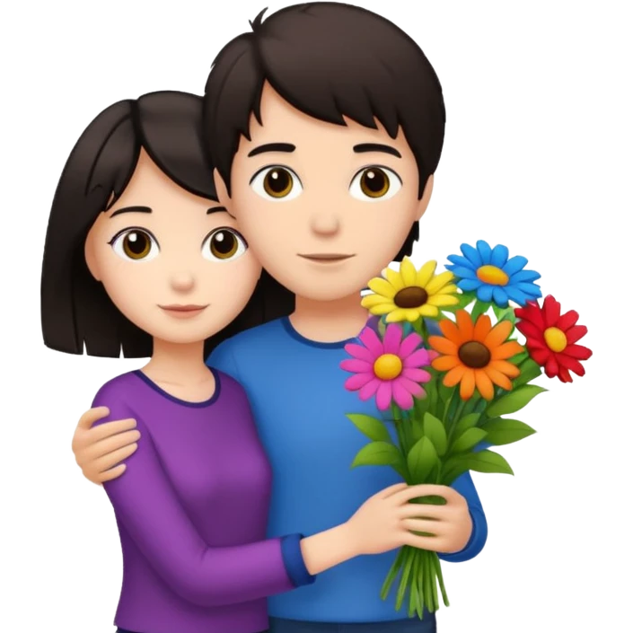 a pretty bratz fair girl with short black shaggy hair with a tall boy and flowers emoji