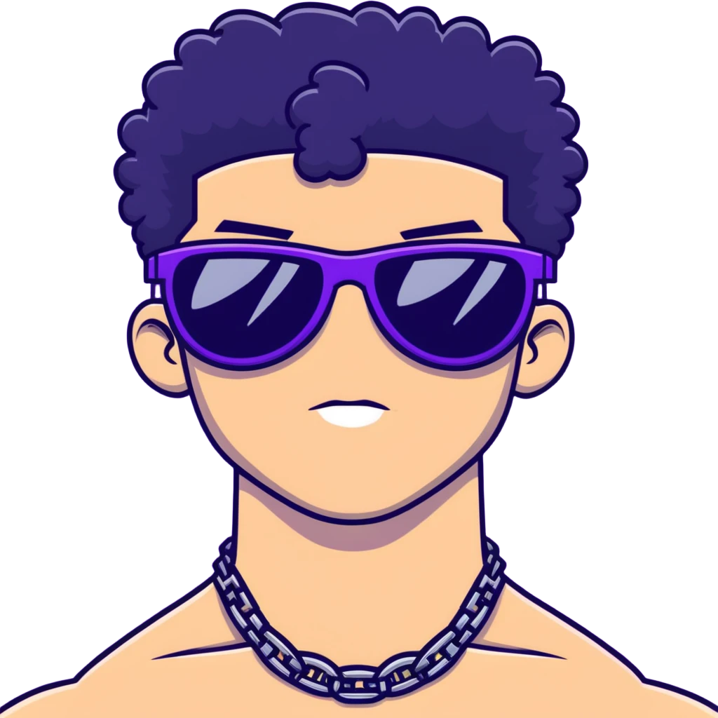 shirtless male athlete with white skin and moderately curly black hair on top with shaved sides, wearing purple sunglasses with very dark heavily tinted black lenses, and a simple plain black chain necklace, no earrings or other jewelry emoji