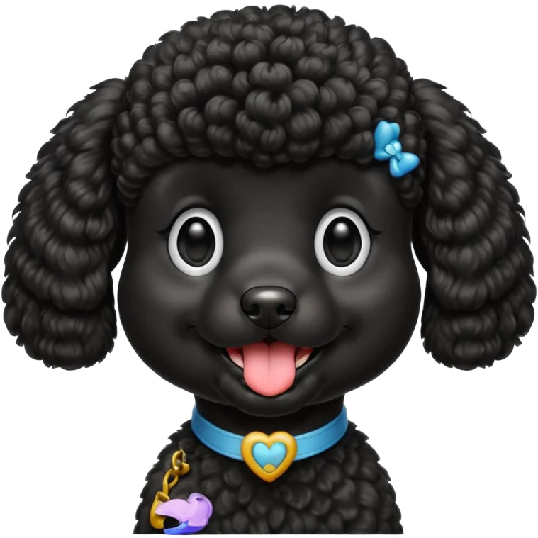 A high-resolution square-format digital illustration of a black poodle in a clean, emoji-inspired semi-realistic style. The poodle is shown from the chest up, facing forward with a slight tilt of the head to the left, tongue out playfully. emoji