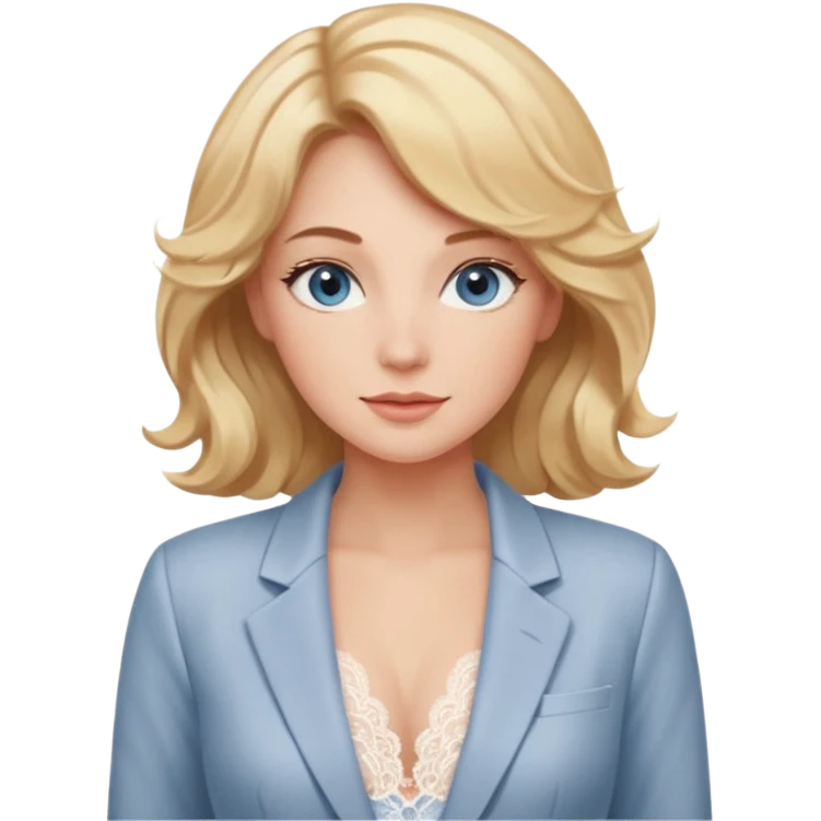 Sticker pack featuring a gentle woman with fair skin, wavy honey-blonde hair, and calm gray-blue eyes. She wears blush lace lingerie and a white blazer, radiating soft confidence and warmth. The style is elegant, minimalistic, and expressive — ideal for romantic, cozy, and tender sticker moods. emoji