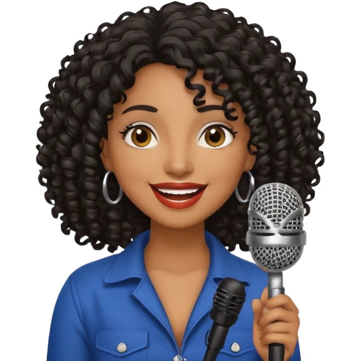 brown skin woman, curly black hair, singer, hold micro emoji