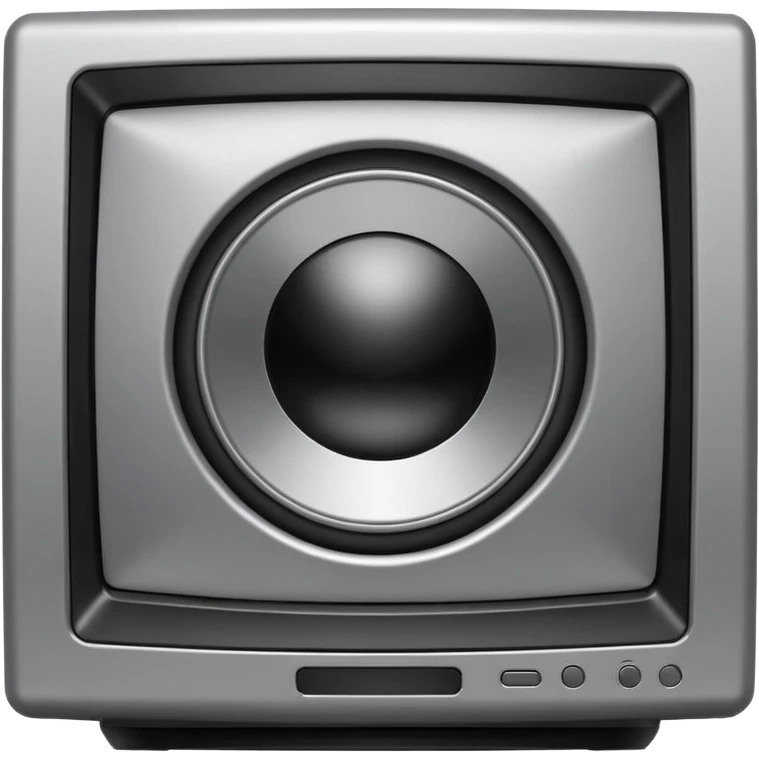 Minimal emoji icon of a modern metallic studio monitor, front view, detailed geometry, dark metallic body, subtle highlights, isolated emoji