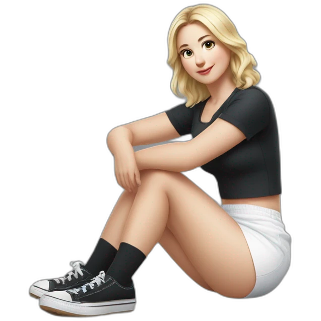 hyperrealistic-full-body-caucasian-curvy-beauty-sitting on the ground-small black-skirt-white knickers white socks emoji