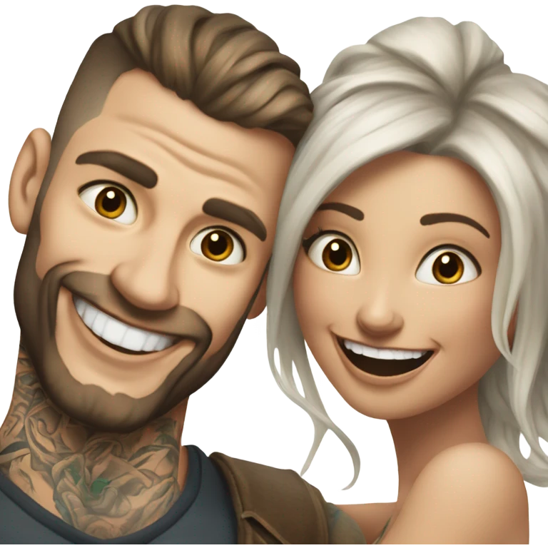 Hyper Realistic beautiful woman in the arms of a very handsome tattooed man laughing  emoji
