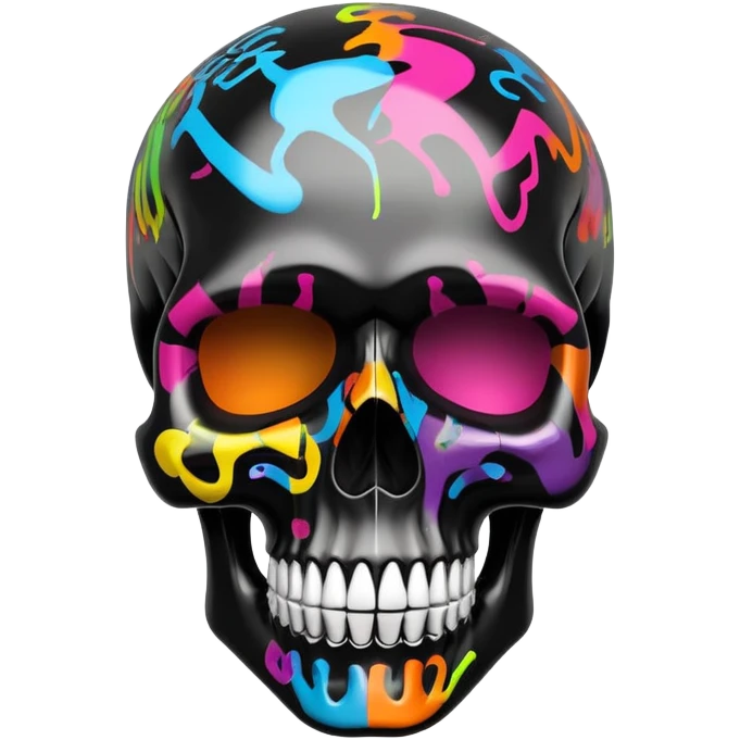 glossy black skull with colorful graffiti designs and fashion logos precisely contained inside the skull contours, three-quarter view emoji