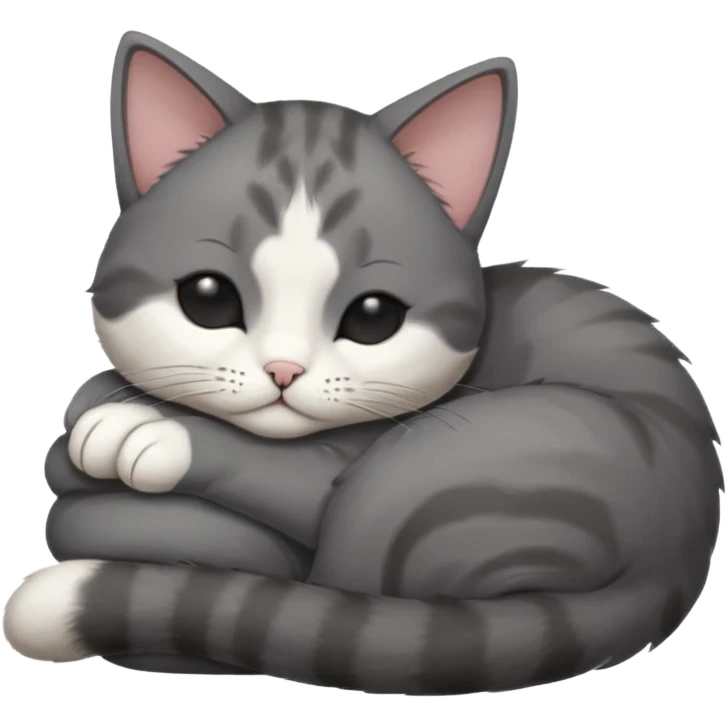 dark grey and white small cat with his eyes closed leaning his head on his paw while leaning on his elbow lying down emoji