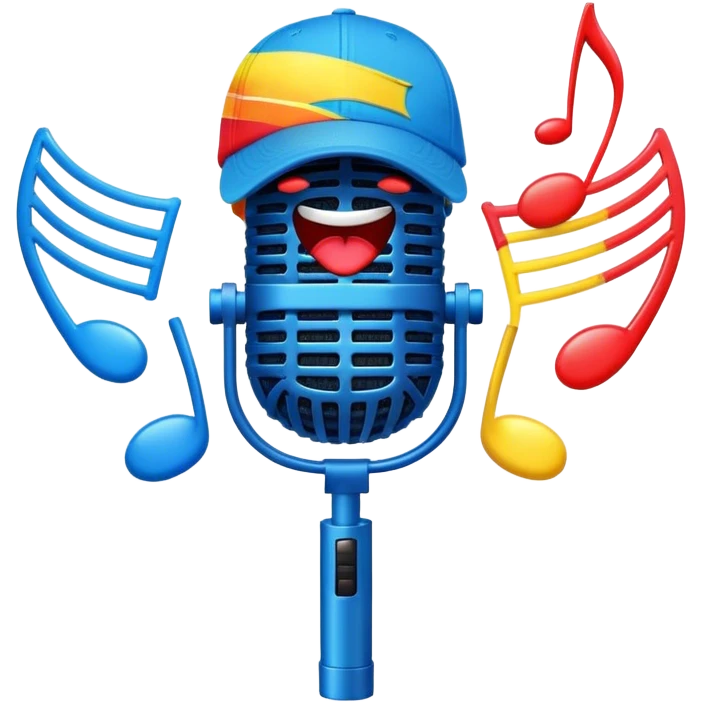 Create a dynamic and energetic emoji that represents beatboxing. The design should feature a microphone with a singing mouth and soundwaves or rhythmic beats emanating from it, symbolizing the vocal percussion and rhythm of beatboxing. Add a cap placed on top of the microphone to reflect street culture and the individuality of the performer. Include musical notes floating around to emphasize the musicality. Use bold, vibrant colors like neon blue, red, and yellow to convey energy and excitement. The background should be transparent. emoji