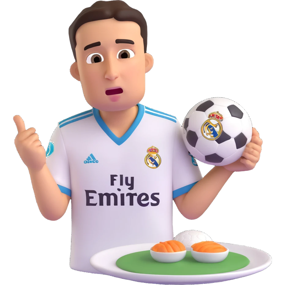 Lamine Yamal in Real Madrid football club uniform, crying and holding a plate emoji