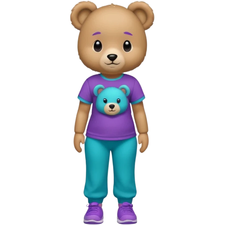 Light brown female teddy bear wearing a bright purple and teal Tshirt with matching joggers that have hbk on the Tshirt  emoji