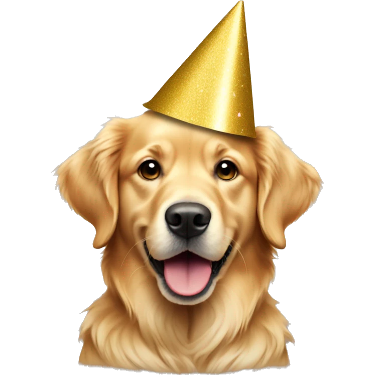 Light color golden retriever wearing a party hat emoji