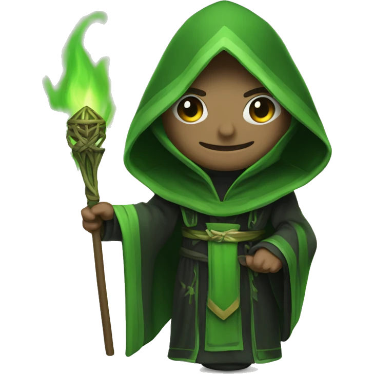 hooded ritual leader presenting green flame with hex BDFF6D. make robes matching emoji