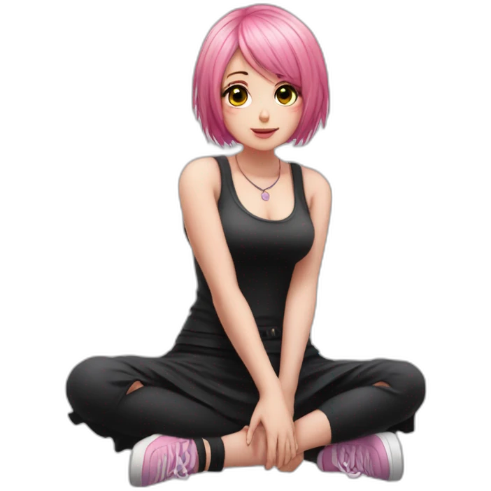 Full body Front view curvy emo girl pink hair sits on the floor straight view hands up black skirt полосатые рваные чулки emoji