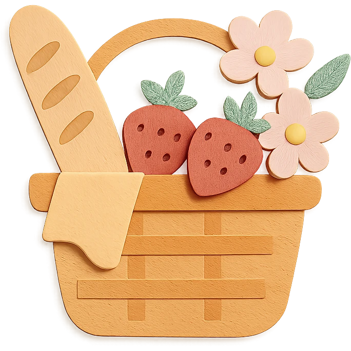 picnic basket with berries, bread, and flowers in warm pastel shades, paper-craft style emoji