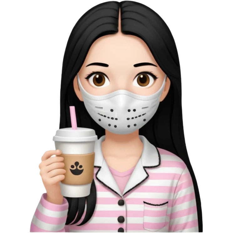 chica de pelo lacio color negro cabellera larga piyama blanca con rayas rosa claras peo no tan claras no oscuras el bordado es negro al igual que los botones )tiene una mascarilla para la carablanca y sostiene y cafe con bolitas nedras al dondo con unsorbete tranparente y es de test blanca  emoji