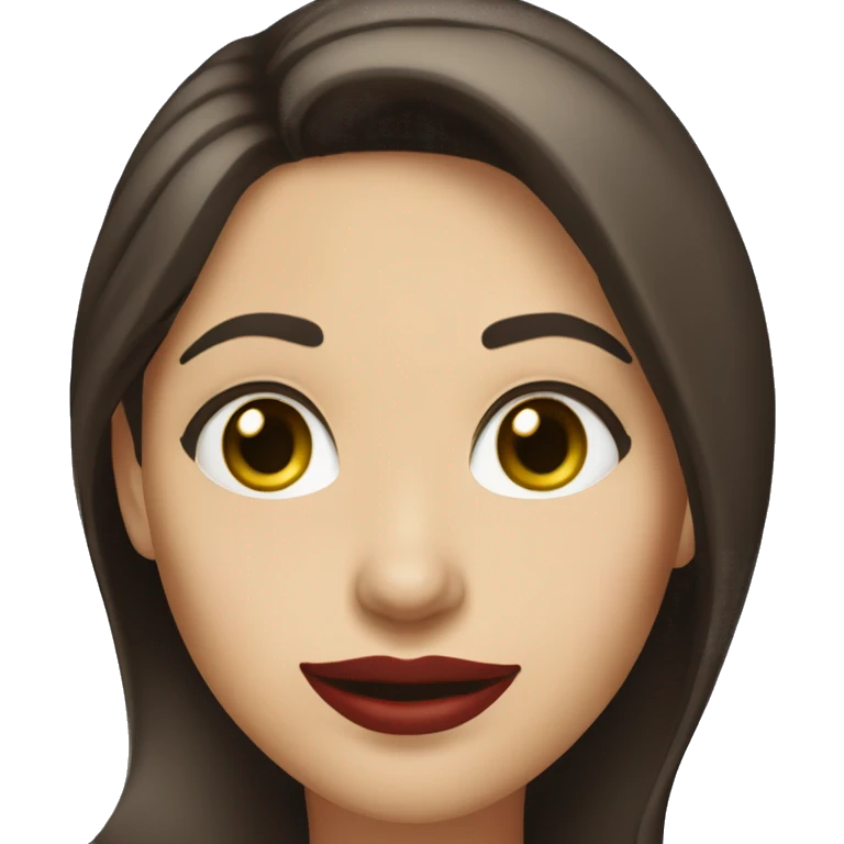 A headshot of a cheerful woman in her 30s with light white skin, shoulder-length dark brown hair, and a round face with prominent cheekbones. She has dark green eyes, full lips with red lipstick, and a warm, friendly smile. She's wearing a blue shirt. emoji