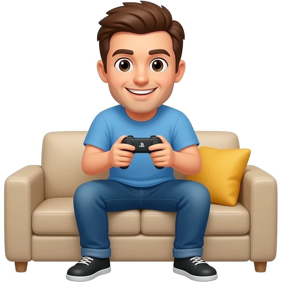 Man in home playing PlayStation emoji