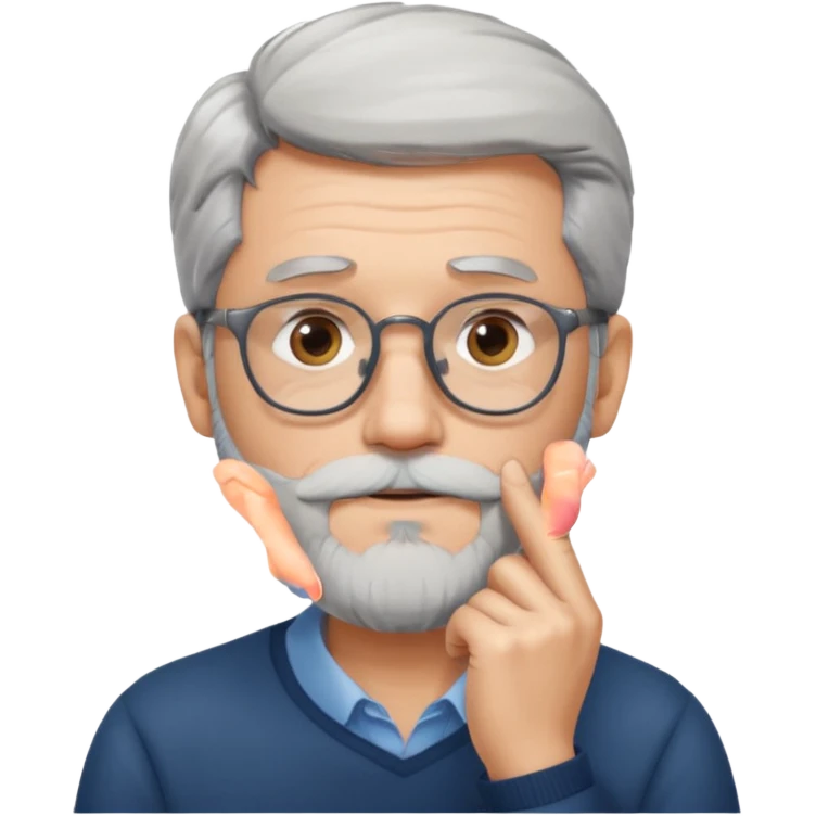 Gray haired man with glasses and a beard with his hand on his chin emoji