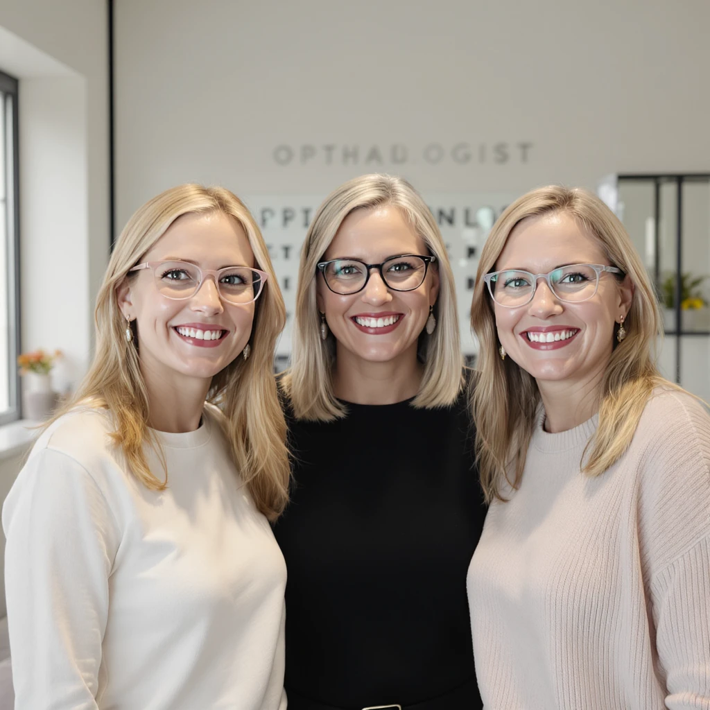 Cinematic still of a smiling three european white womans with glasses smiling, minimalistic ophthalmologist interior in background, leading  lines, rule of thirds emoji