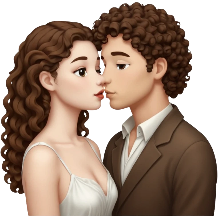 A couple kissing, the man would be white-skinned, mid fade-curly, brown-hair. The serious woman with white skin, long hair and brown color emoji